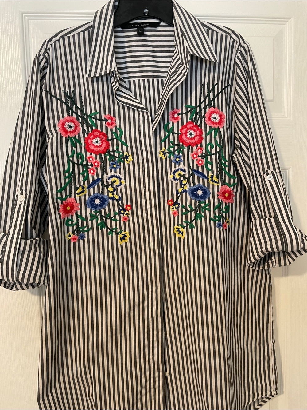Walter Baker Black & White Striped Embroidered Floral Shirt Jacket